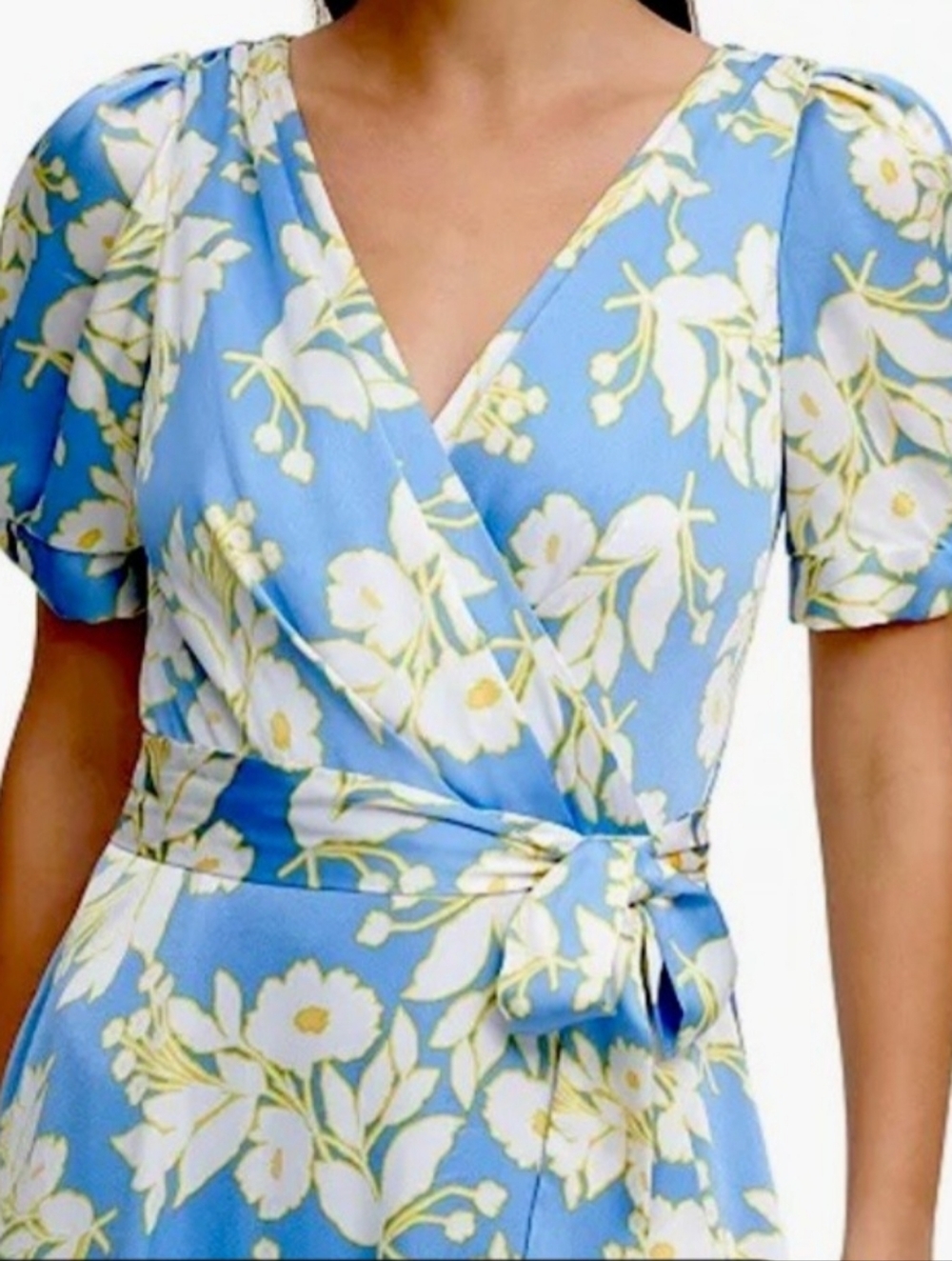 Dkny Blue Floral Wrap Midi Dress with Puff Sleeves - Picture 2 of 8